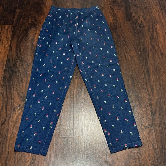 Lilly Pulitzer Vintage High Waist Floral Embroidered Blue Jean Cropped Pants 6 - Picture 1 of 14